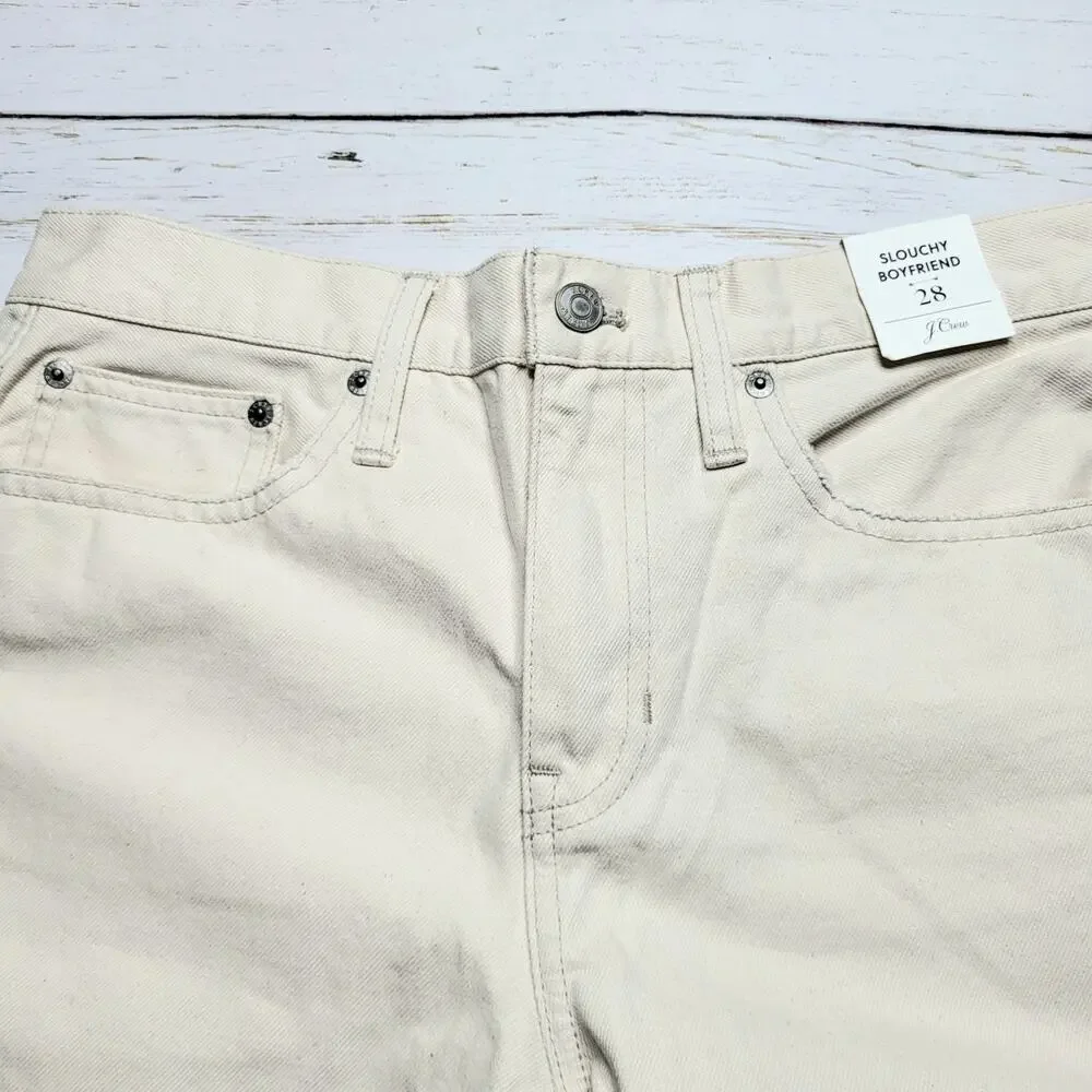 J Crew Slouchy Boyfriend Jeans Straight Leg Ecru White Cream Cotton Slouch 28